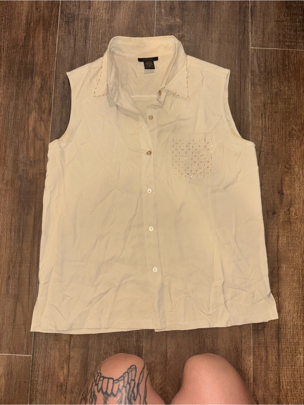 Silkland  Sleeveless Collared Butter, Yellow Hand Beaded 100% Silk Blouse Size M